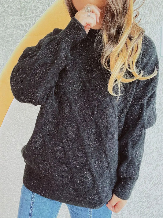 Diamond Round Neck Long Sleeve Sweater - adritiX