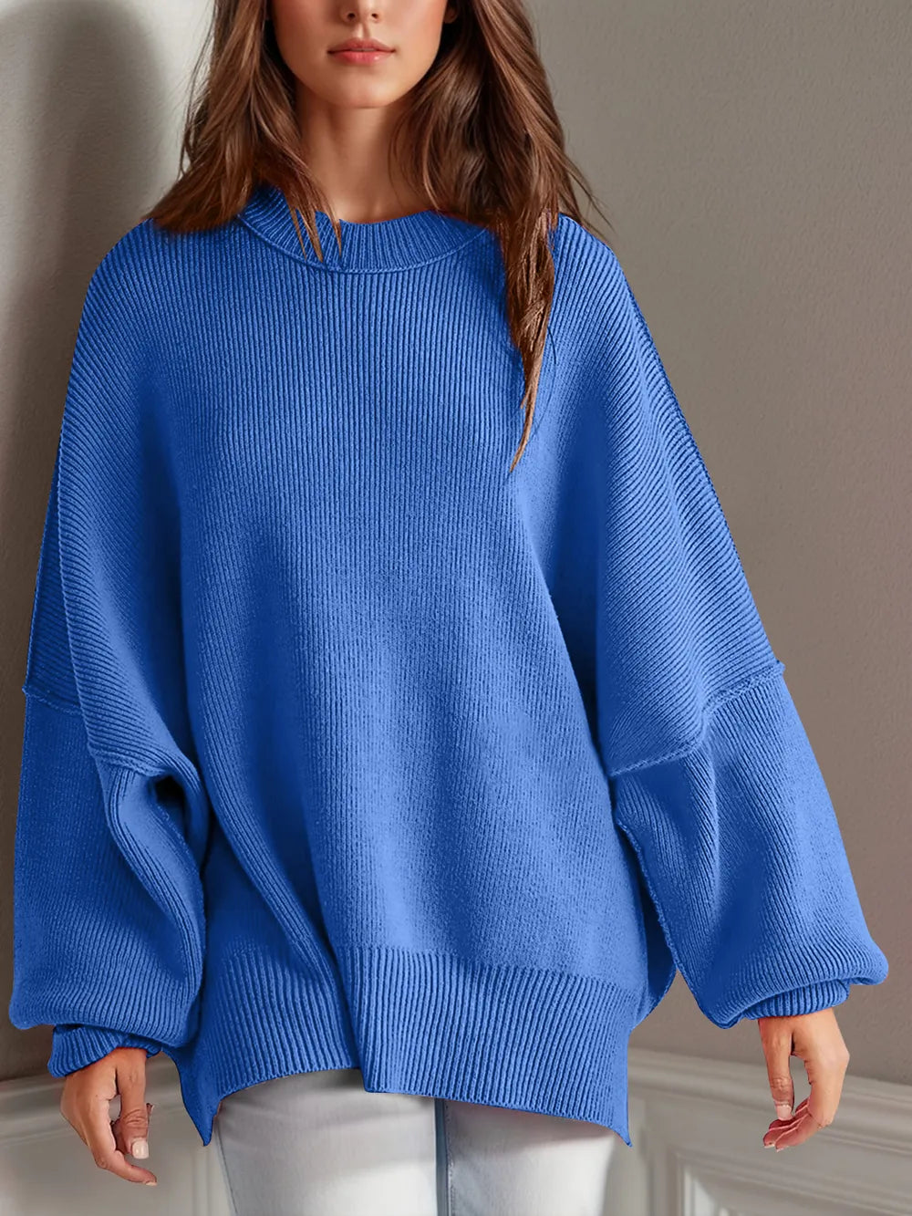 Double Take Side Slit Round Neck Long Sleeve Sweater - adritiX
