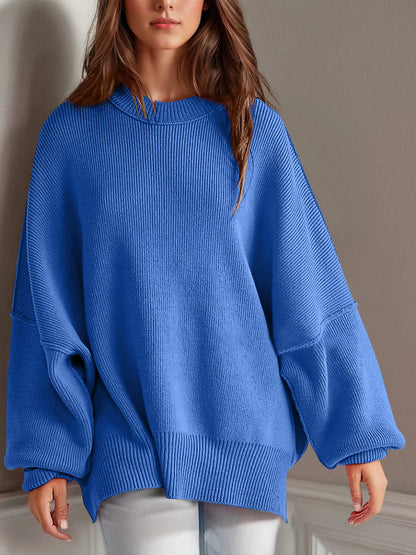 Double Take Side Slit Round Neck Long Sleeve Sweater - adritiX