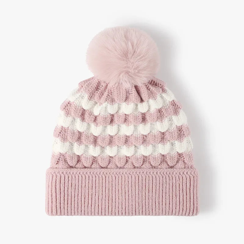 Striped Contrast Knit Hat with Pom-pom - adritiX