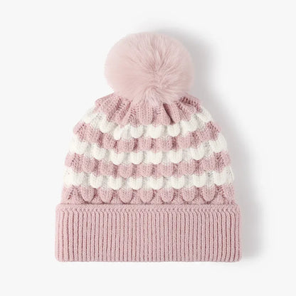 Striped Contrast Knit Hat with Pom-pom - adritiX