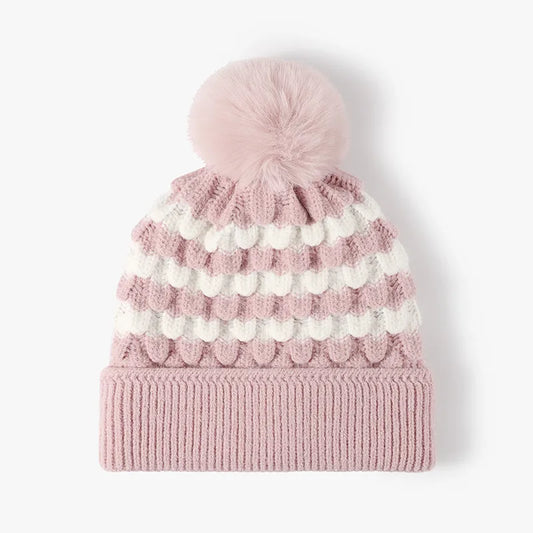 Striped Contrast Knit Hat with Pom-pom - adritiX