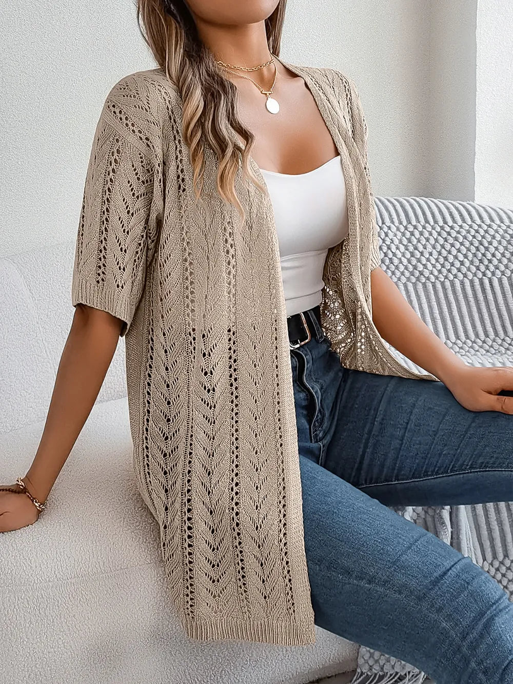 Openwork Open Front Half Sleeve Cardigan - adritiX
