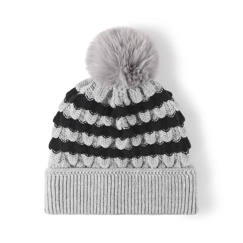 Striped Contrast Knit Hat with Pom-pom - adritiX