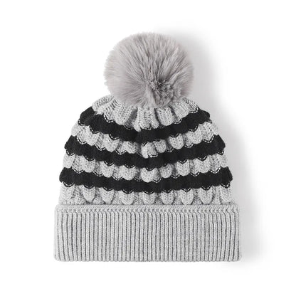 Striped Contrast Knit Hat with Pom-pom - adritiX
