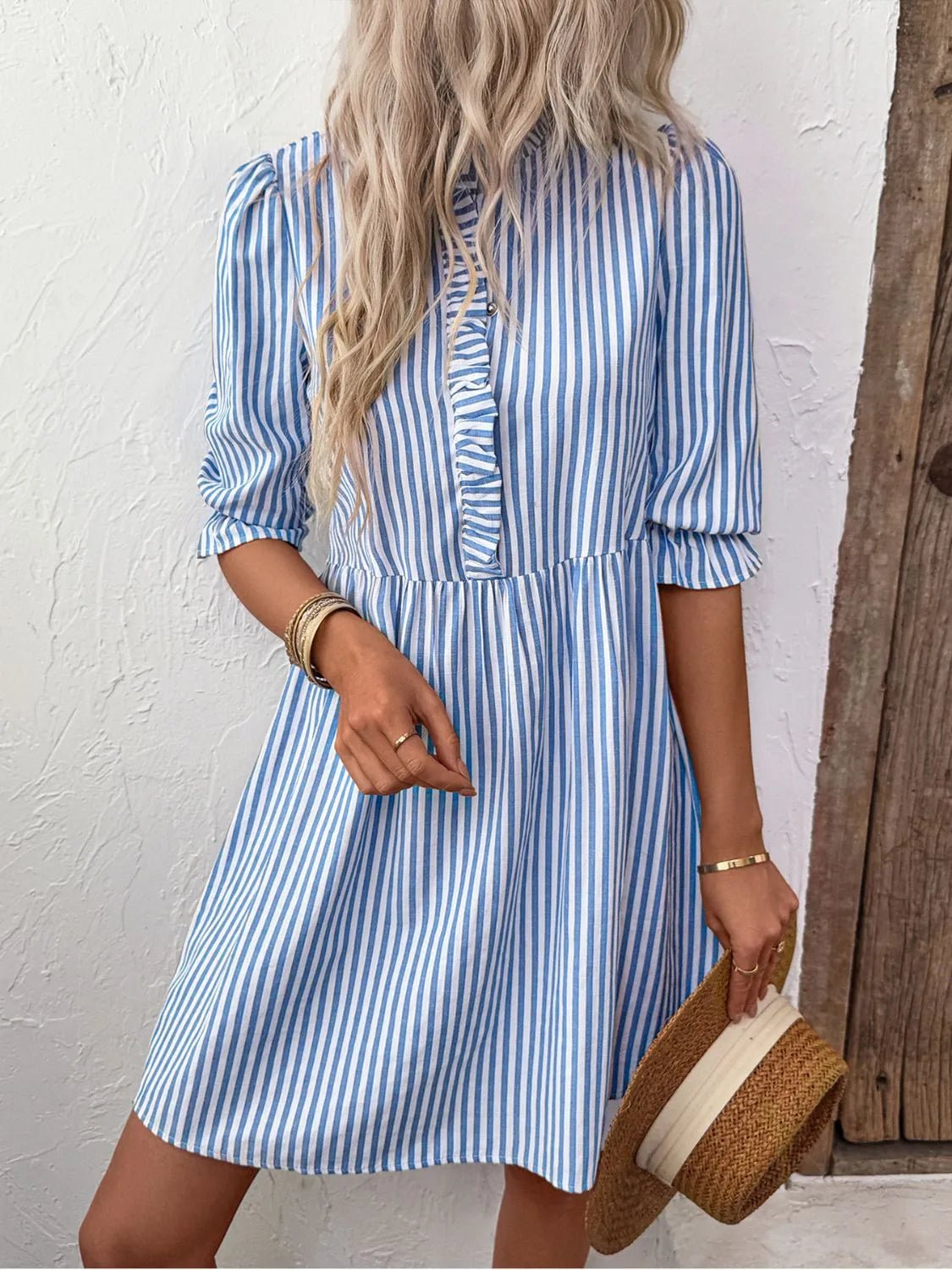 Striped Half Sleeve Mini Shirt Dress - adritiX