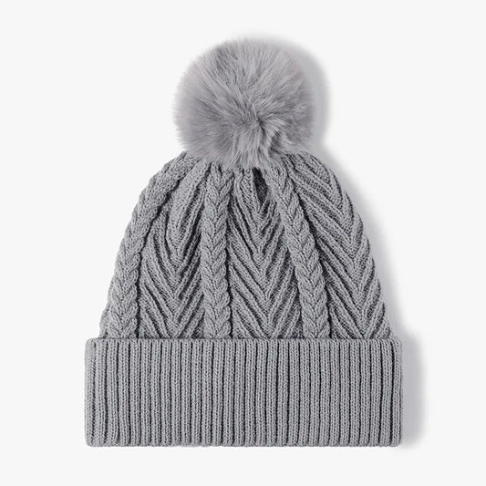 Cable Knit Solid Color Hat with Pompom - adritiX