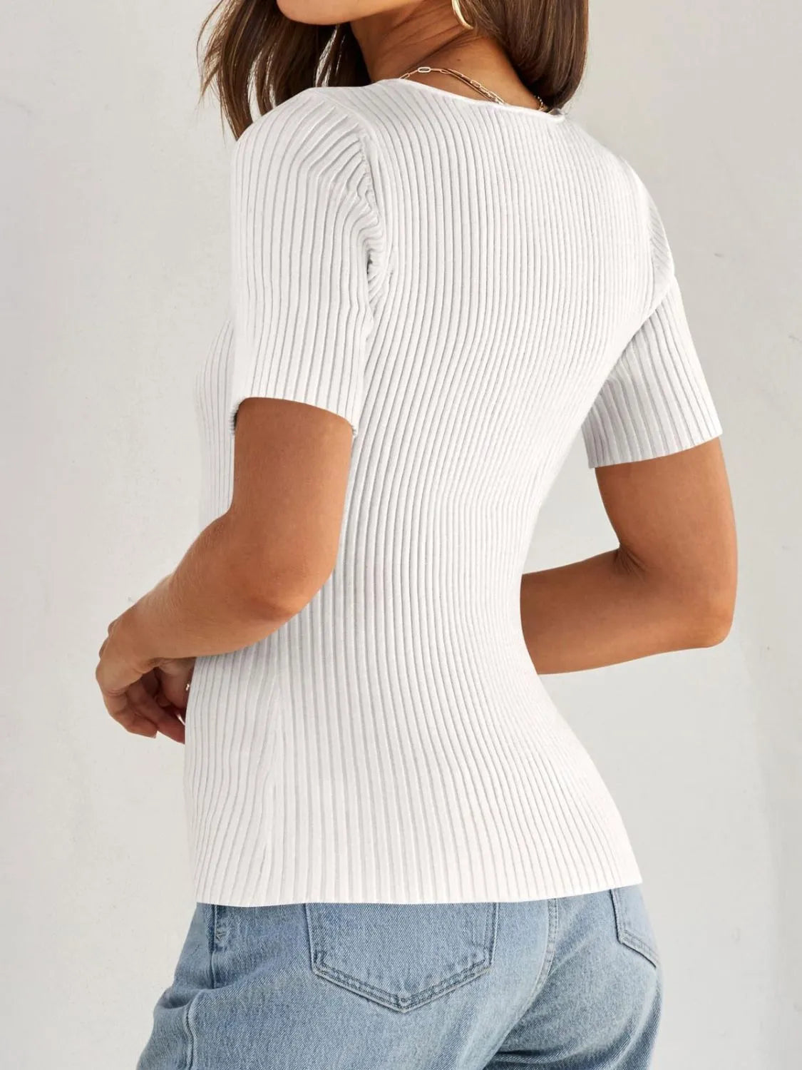 Elegant Ribbed Square Neck Short Sleeve Knit Top - adritiX