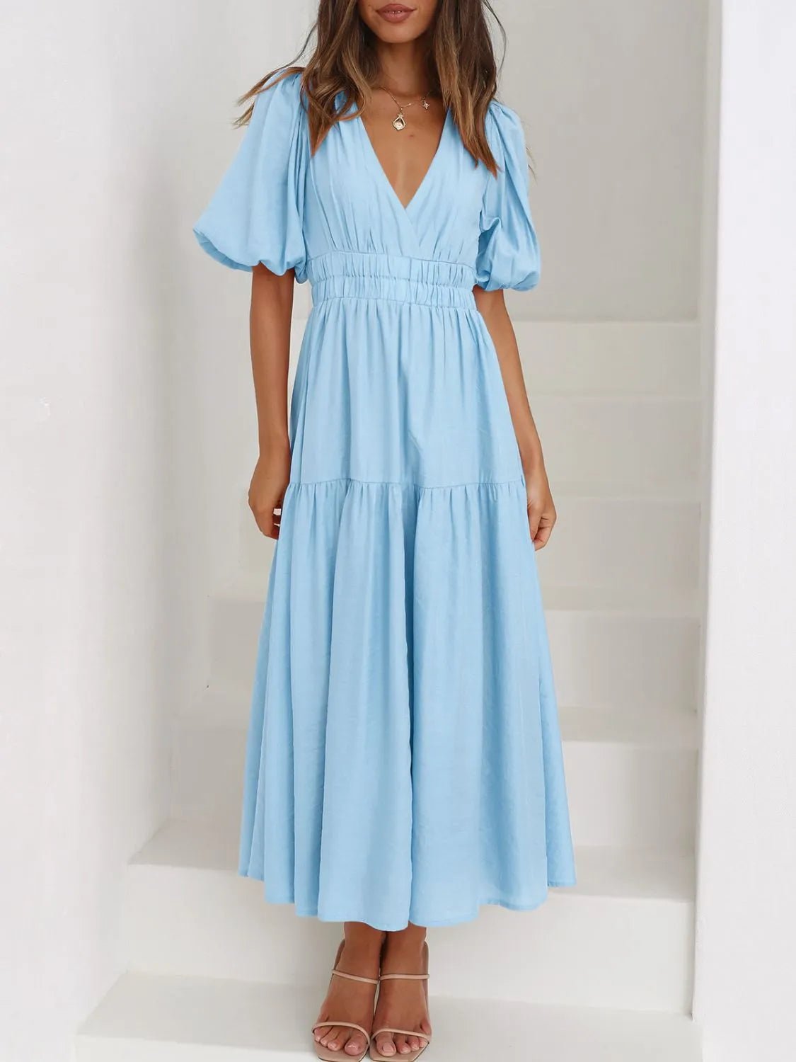 V-Neck Puff Sleeve Midi Dress - adritiX