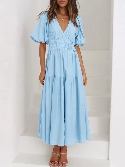 V-Neck Puff Sleeve Midi Dress - adritiX