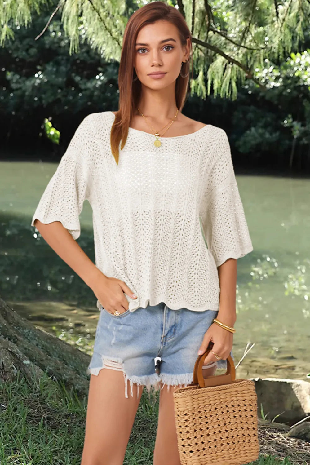 Openwork Round Neck Half Sleeve Knit Top - adritiX