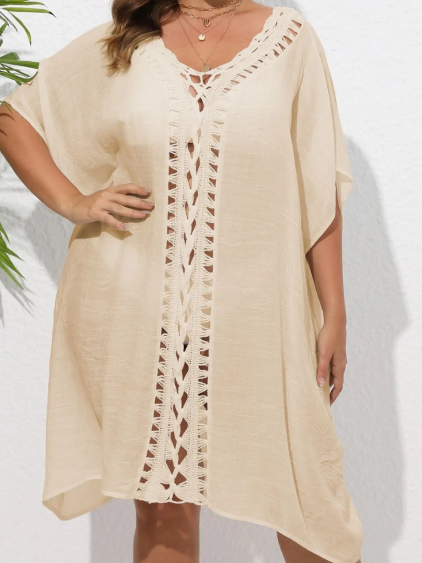Crochet Trim V-Neck Beach Cover Up Dress - adritiX