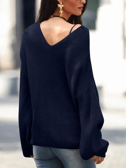 Full Size Lace Up V-Neck Long Sleeve Sweater - adritiX