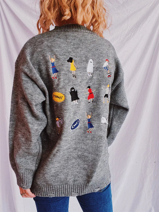 Embroidered Round Neck Dropped Shoulder Sweater - adritiX