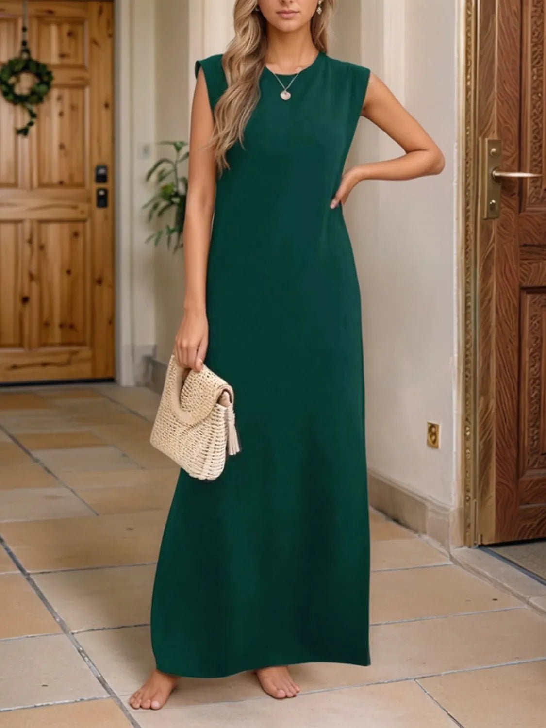 Full Size Slit Round Neck Sleeveless Maxi Tank Dress Plus Size - adritiX