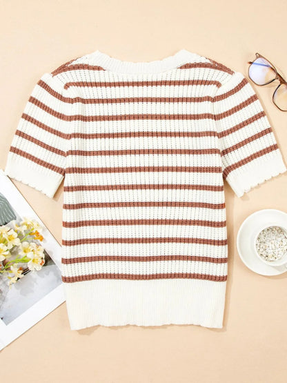Stripe Scalloped Round Neck Short Sleeve Sweater - adritiX