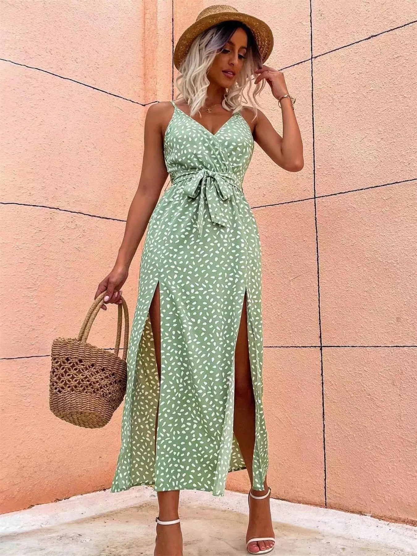Slit Printed Surplice Midi Dress - adritiX