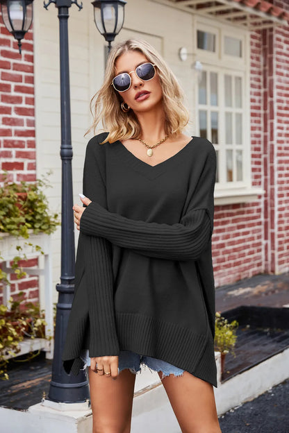 Slit V-Neck Dropped Shoulder Sweater - adritiX