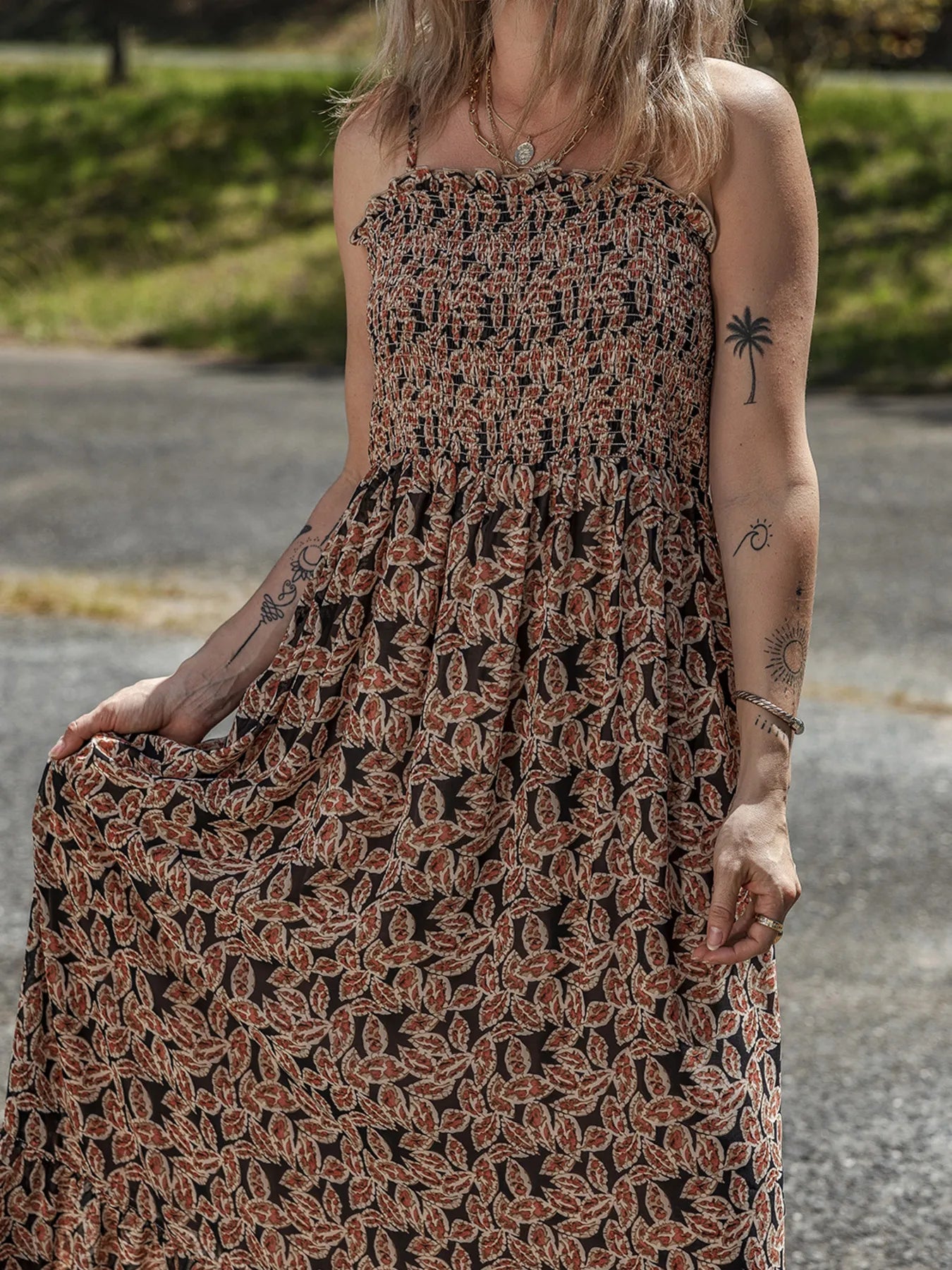 Printed Smocked Bodice Maxi Dress - adritiX