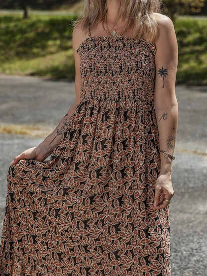 Printed Smocked Bodice Maxi Dress - adritiX