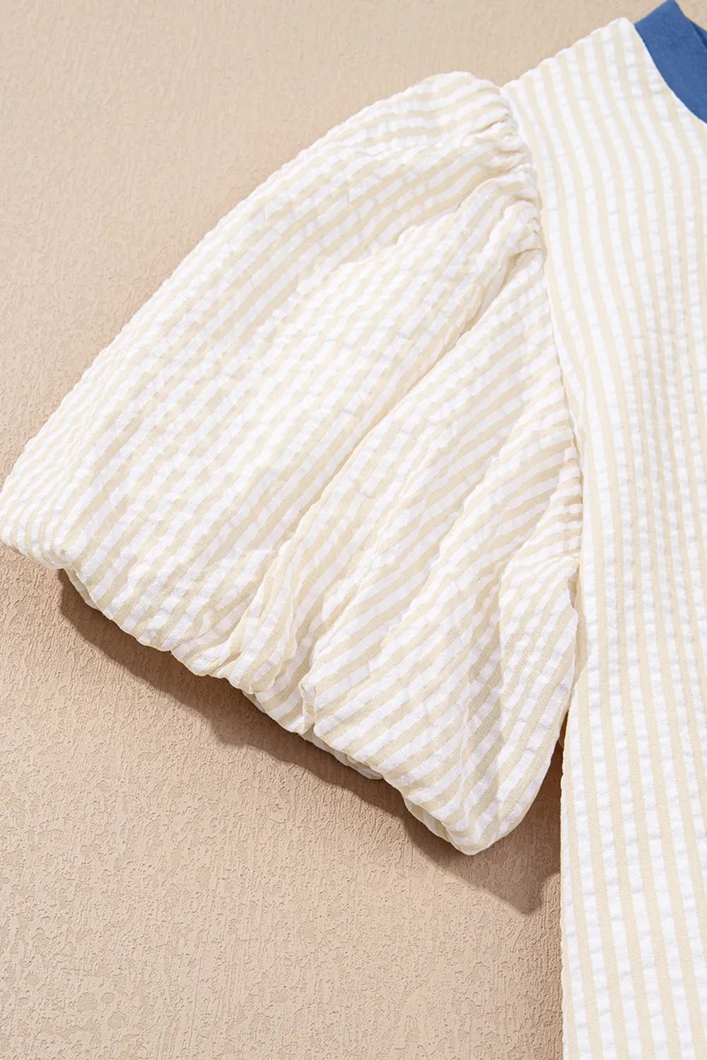Stripe Seersucker Contrast Round Neck Puff Sleeve T Shirt Dress - adritiX