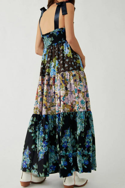 Floral Tiered Maxi Dress with Mixed Print Design - adritiX