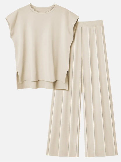 Round Neck Cap Sleeve Top and Pants Knit Set - adritiX