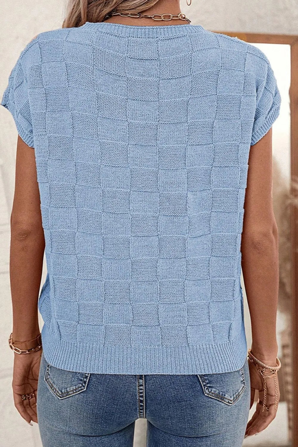 Pocketed Checkered Round Neck Knit Top - adritiX