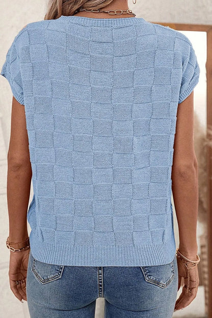 Pocketed Checkered Round Neck Knit Top - adritiX