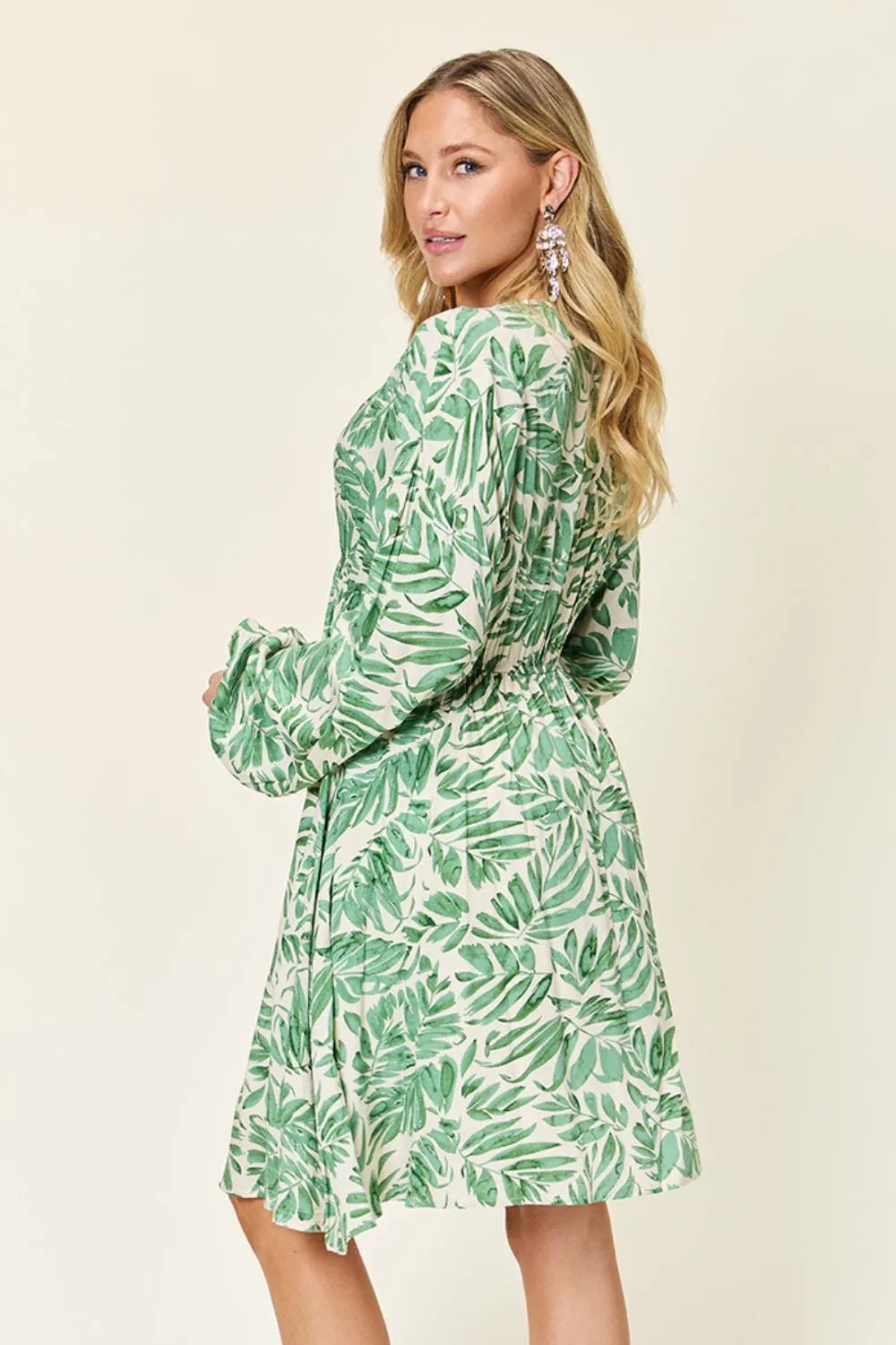 Double Take Full Size Printed Ruched Balloon Sleeve Dress - adritiX