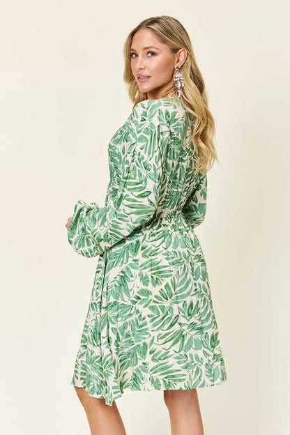 Double Take Full Size Printed Ruched Balloon Sleeve Dress - adritiX