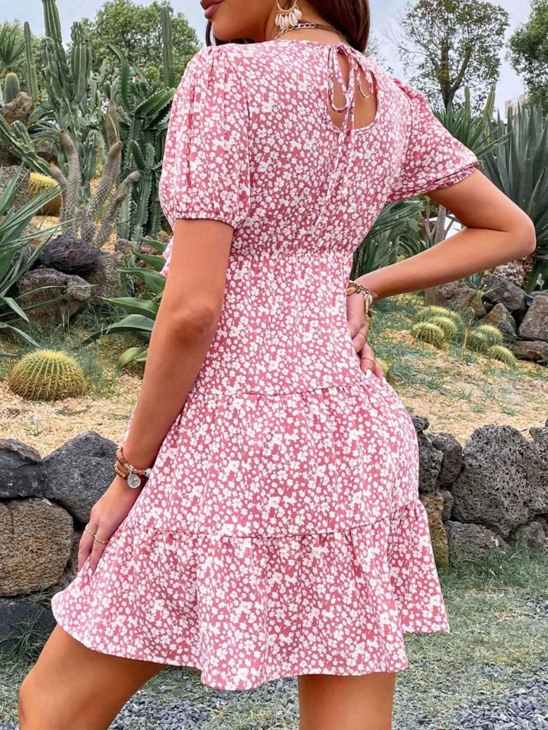 Floral Print Wrap Mini Dress with Puff Sleeves - adritiX