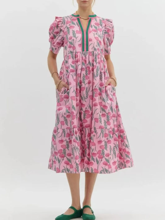 Elegant Floral Puff Sleeve Midi Dress with Contrast Trim - adritiX