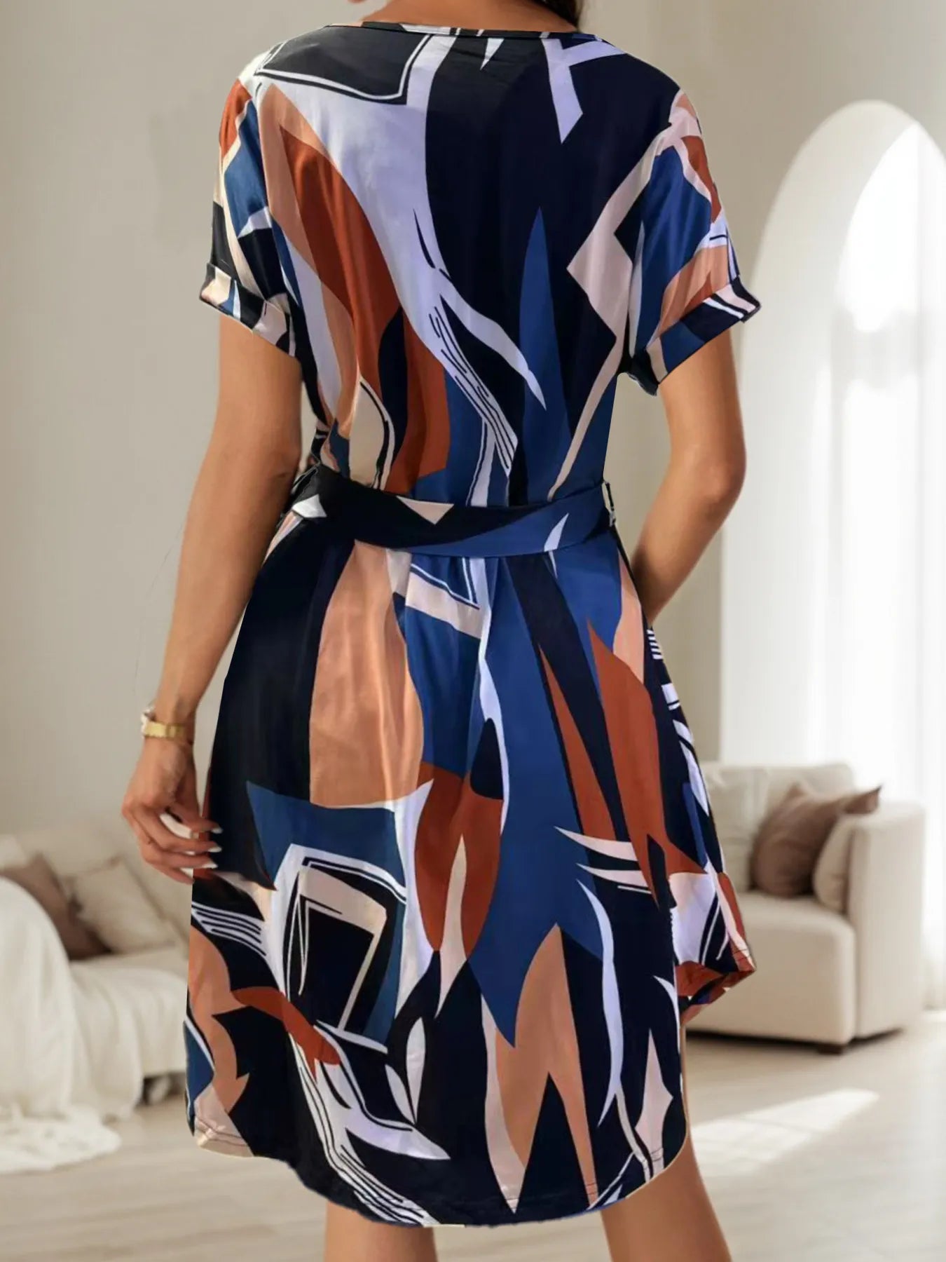 Abstract Print Belted Short Sleeve Midi Dress - adritiX