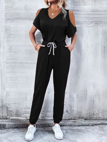 Elegant V-Neck Cold-Shoulder Jumpsuit with Pockets - adritiX