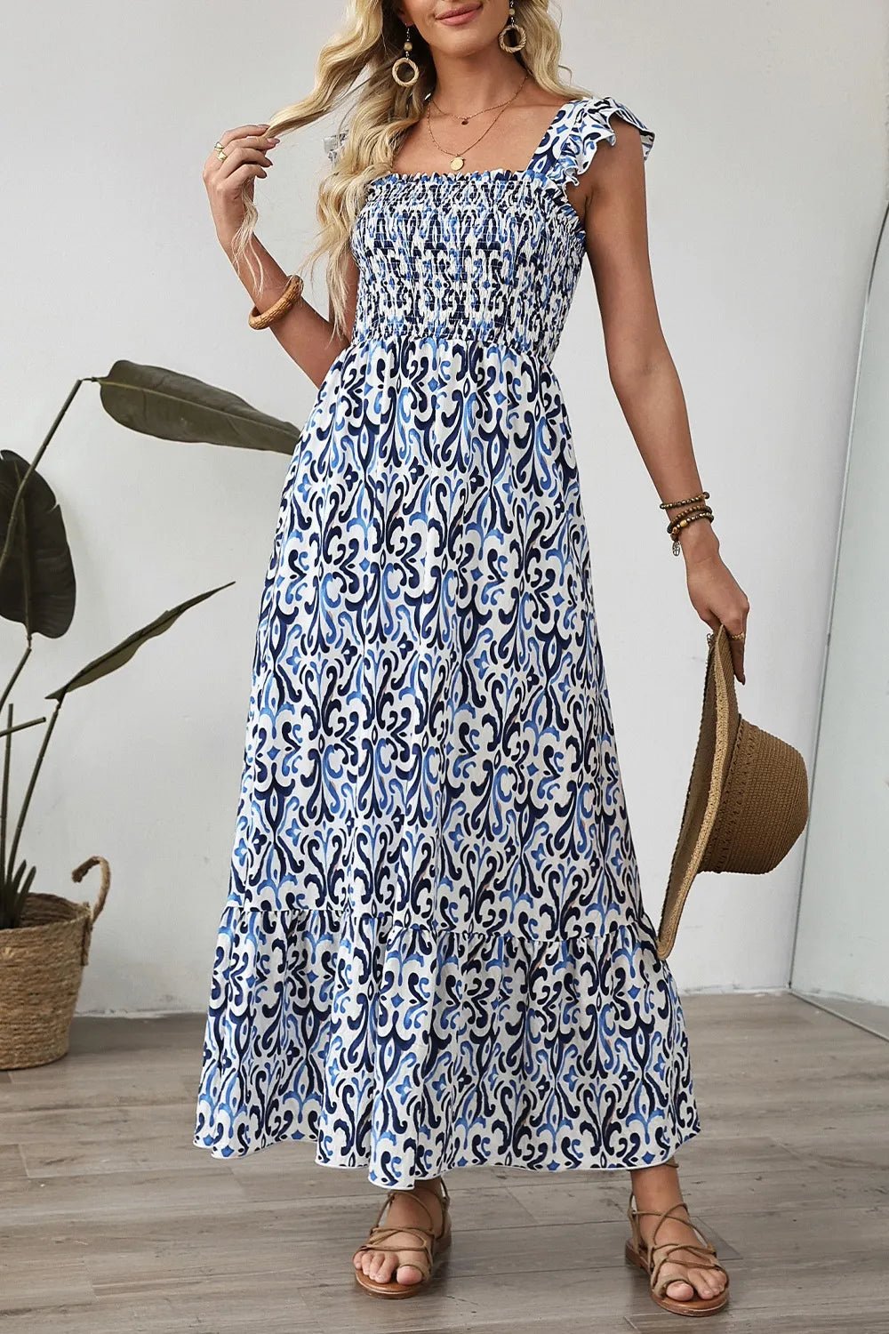 Smocked Printed Square Neck Dress - adritiX