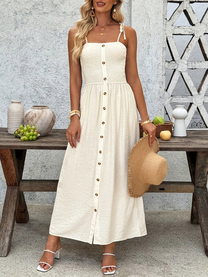 Smocked Button Front Tie Shoulder Dress - adritiX