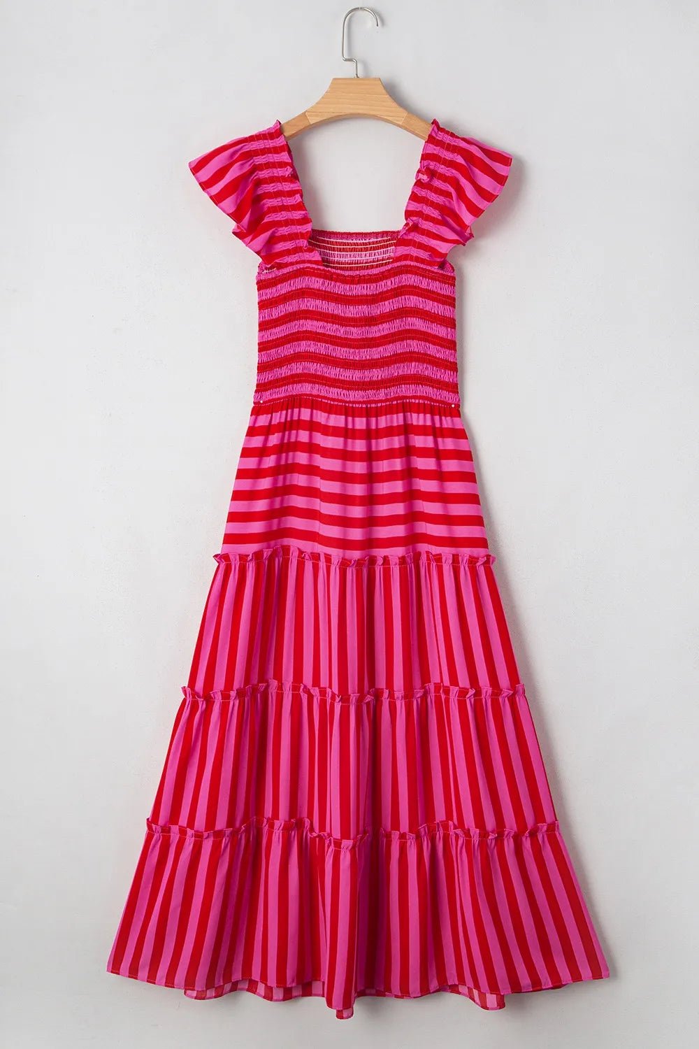 Stripe Flutter Sleeve Smocked Bodice Tiered Maxi Dress - adritiX