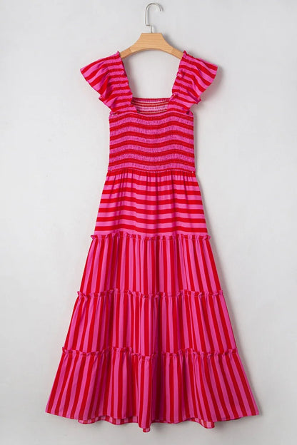 Stripe Flutter Sleeve Smocked Bodice Tiered Maxi Dress - adritiX