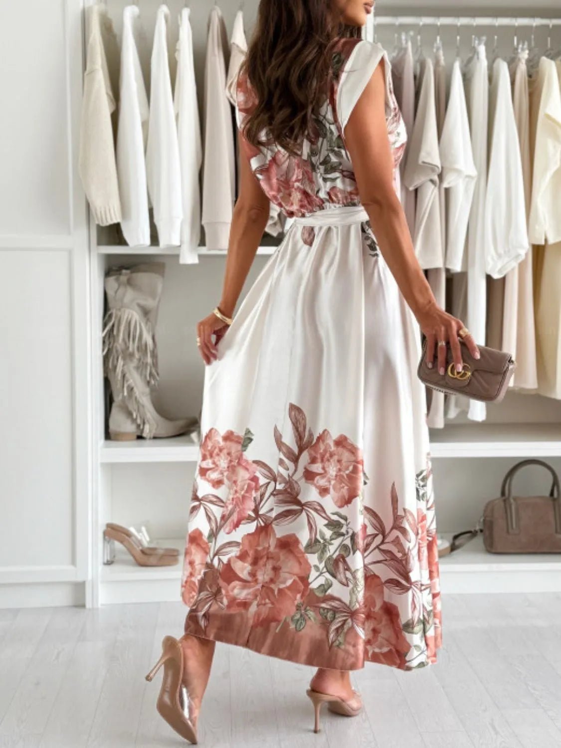 Tie Waist Floral Cap Sleeve Dress - adritiX