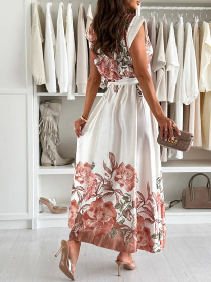 Tie Waist Floral Cap Sleeve Dress - adritiX