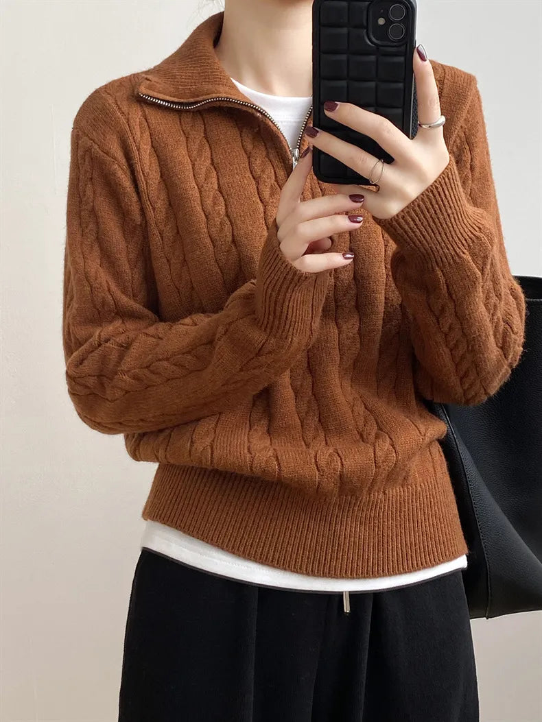 Cable-Knit Half Zip Long Sleeve Sweater - adritiX