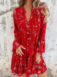 Elegant Bronzing Fashion Horn Lace Sleeve Hollow Dress - adritiX