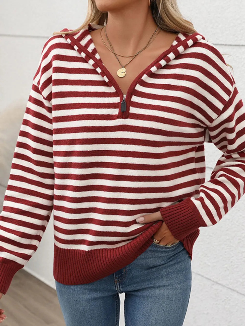 Perfee Striped Long Sleeve Hooded Sweater - adritiX