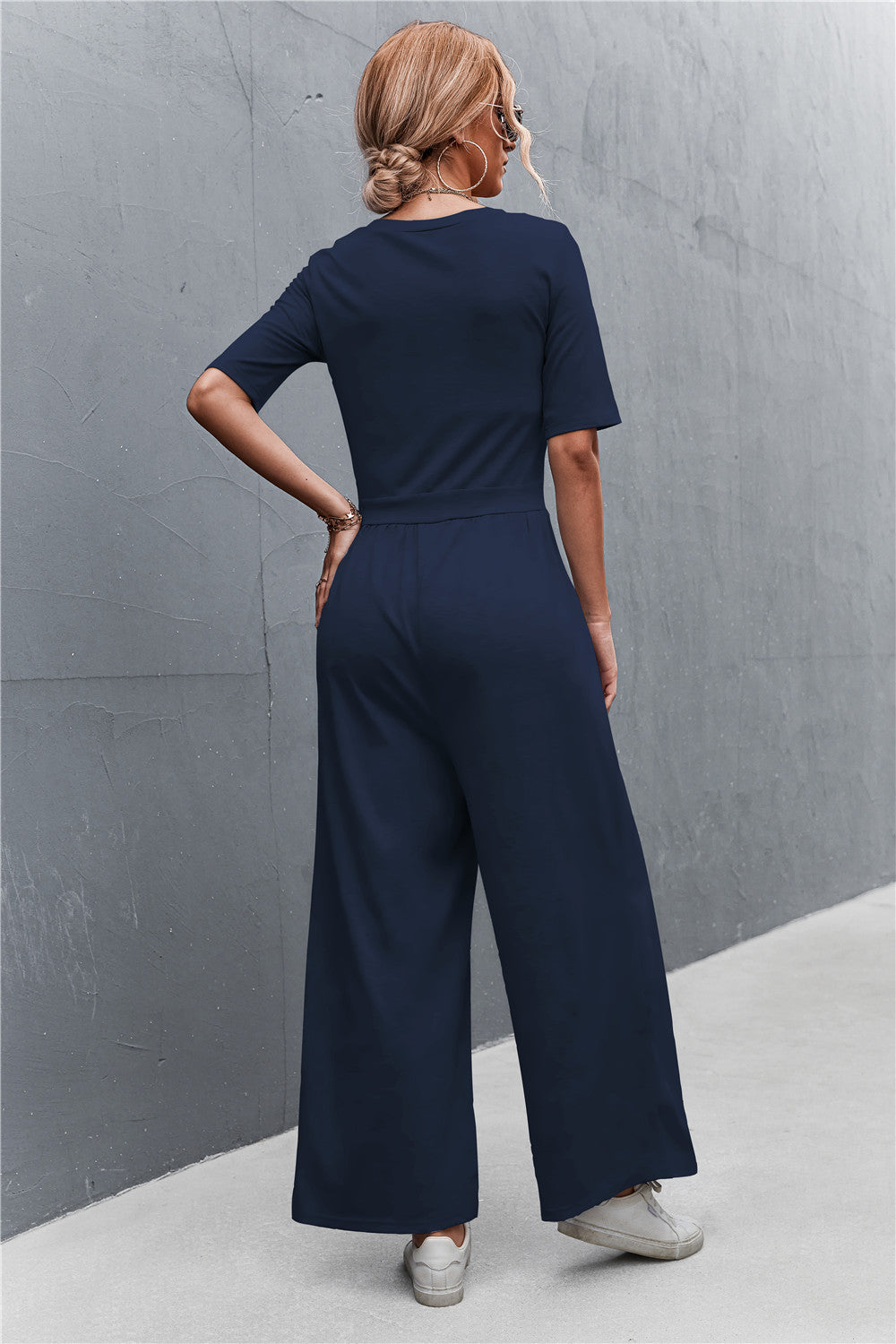 Elegant Scoop Neck Half Sleeve Wide Leg Jumpsuit - adritiX