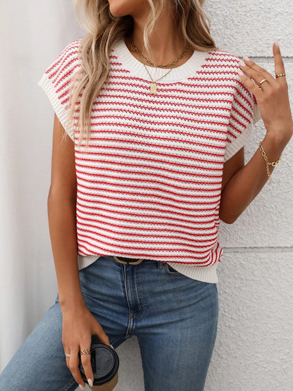 Striped Round Neck Short Sleeve Knit Top - adritiX