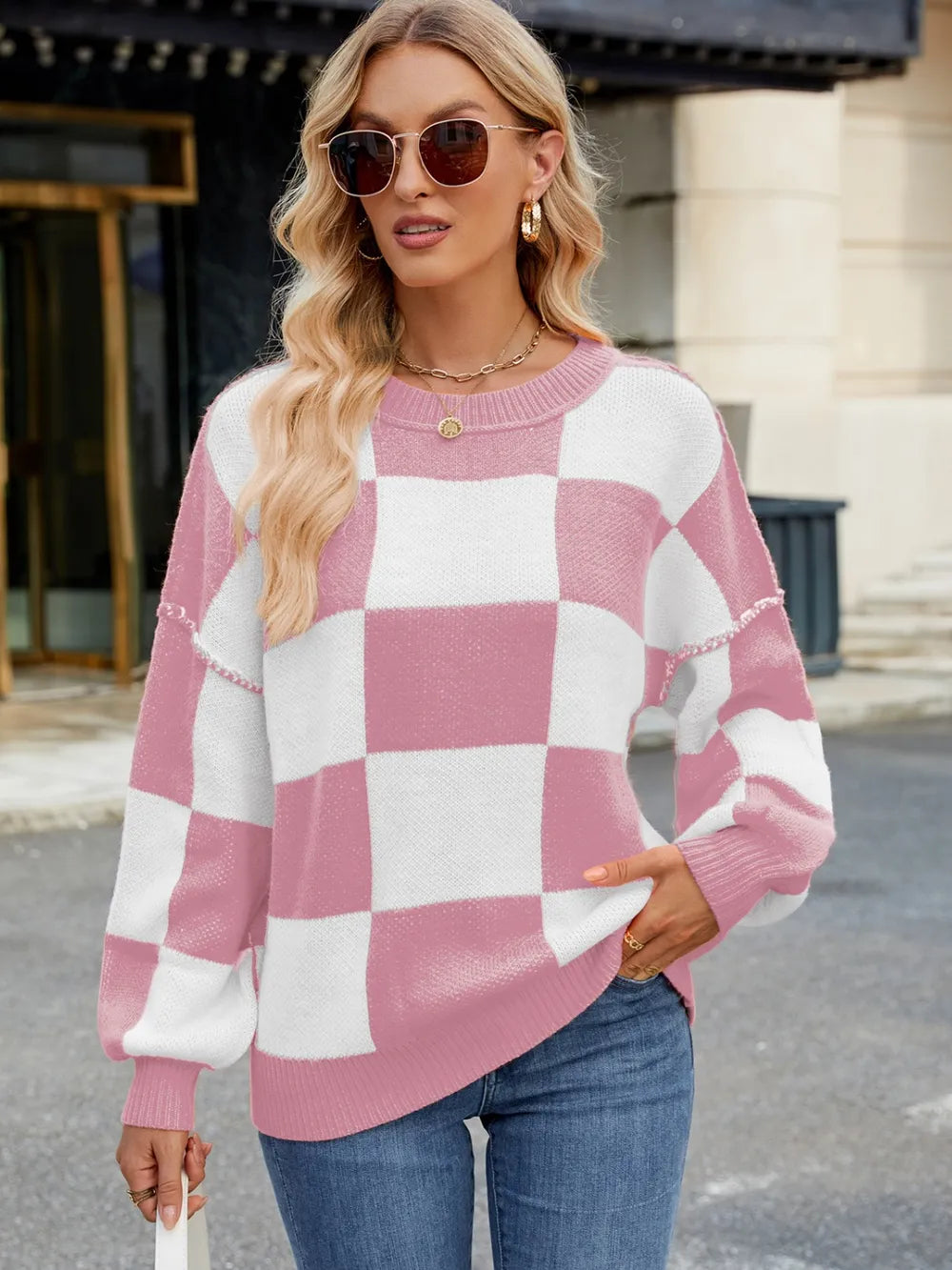 Checkered Round Neck Long Sleeve Sweater - adritiX