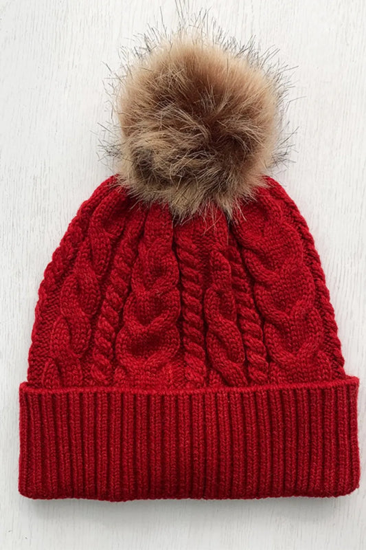 Cable-Knit Cuffed Hat with Pom-pom - adritiX