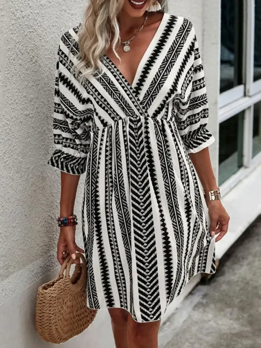 Geometric Print V-Neck Mini Dress - adritiX