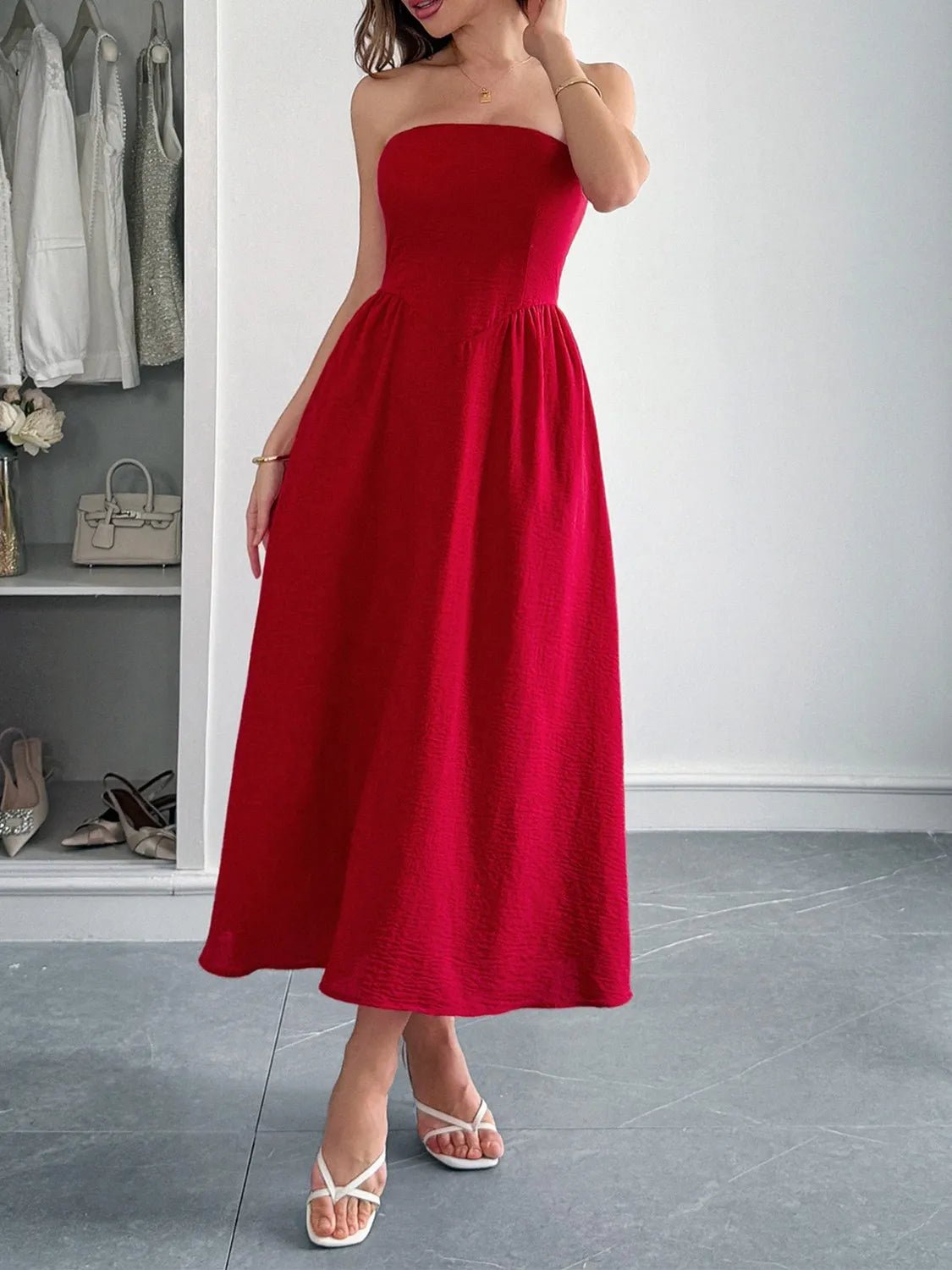Strapless A-Line Midi Dress with Pockets - adritiX